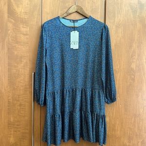 ZARA long sleeve with shirred cuffs, boat neck and gathered drop-waist.  Sz S